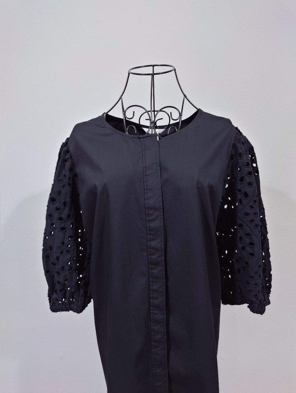 H&M Black Cotton Dress Eyelet Sleeve Midi Shift XXL